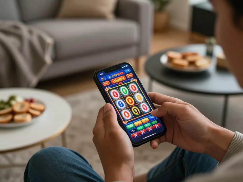Jilipinas casino app showcasing exciting slot game action on a smartphone in a cozy home setting