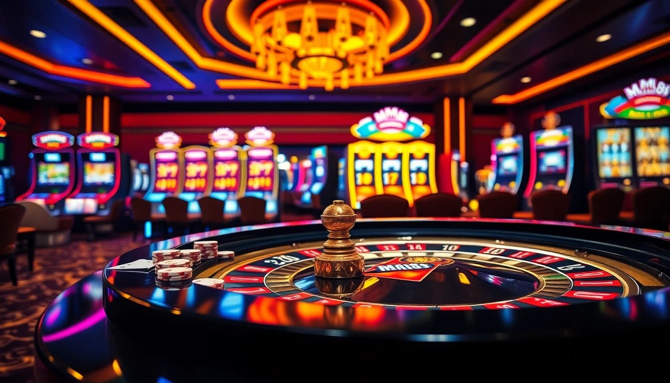 Experience the thrill of MM88 at a luxurious casino featuring a roulette table filled with chips and cards.