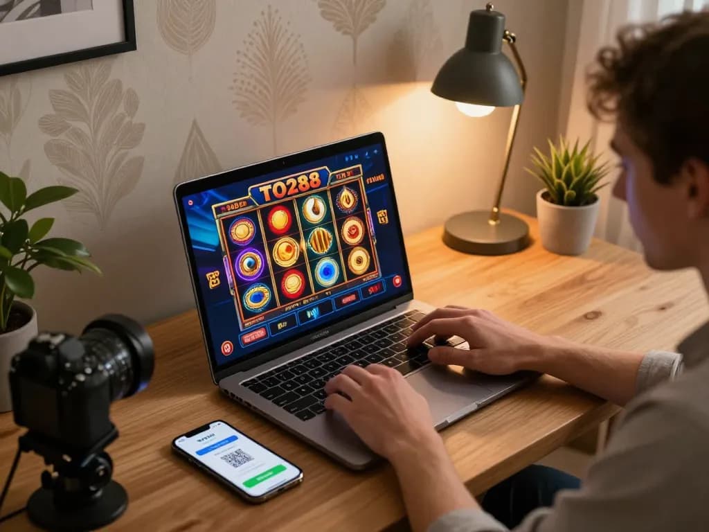 Engaging with TO288 slot games from a cozy home setup, showing dynamic gameplay.