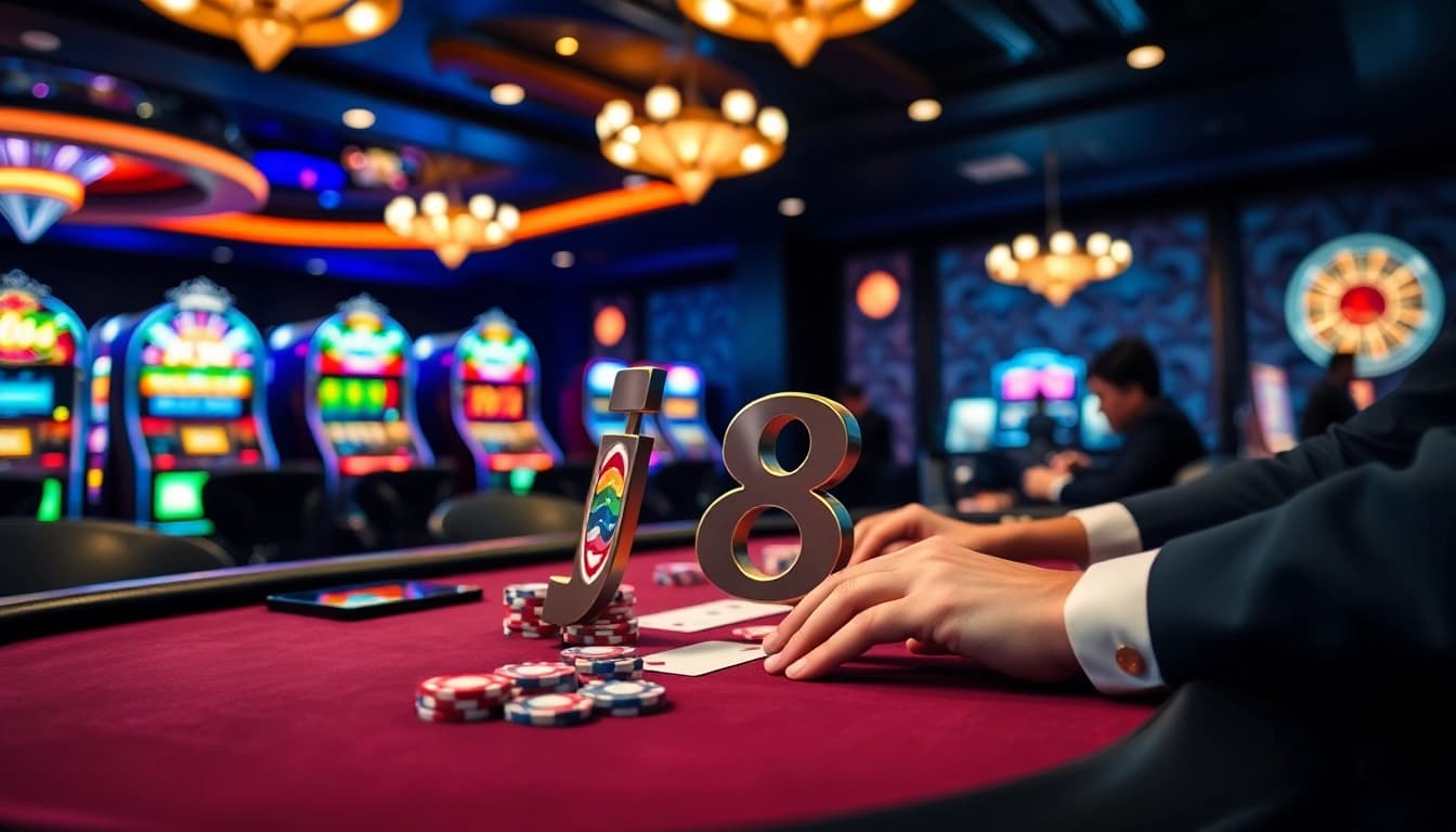 Players strategizing at a j88 poker table under warm lights in a vibrant casino.