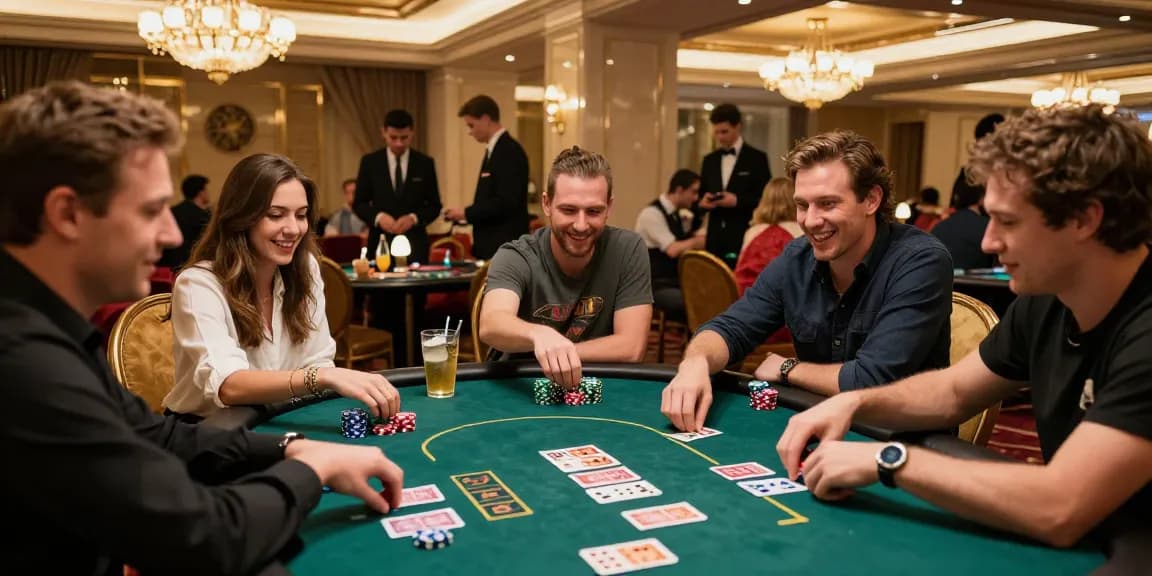 Friends enjoying a thrilling iwin poker game in a luxurious casino setting.