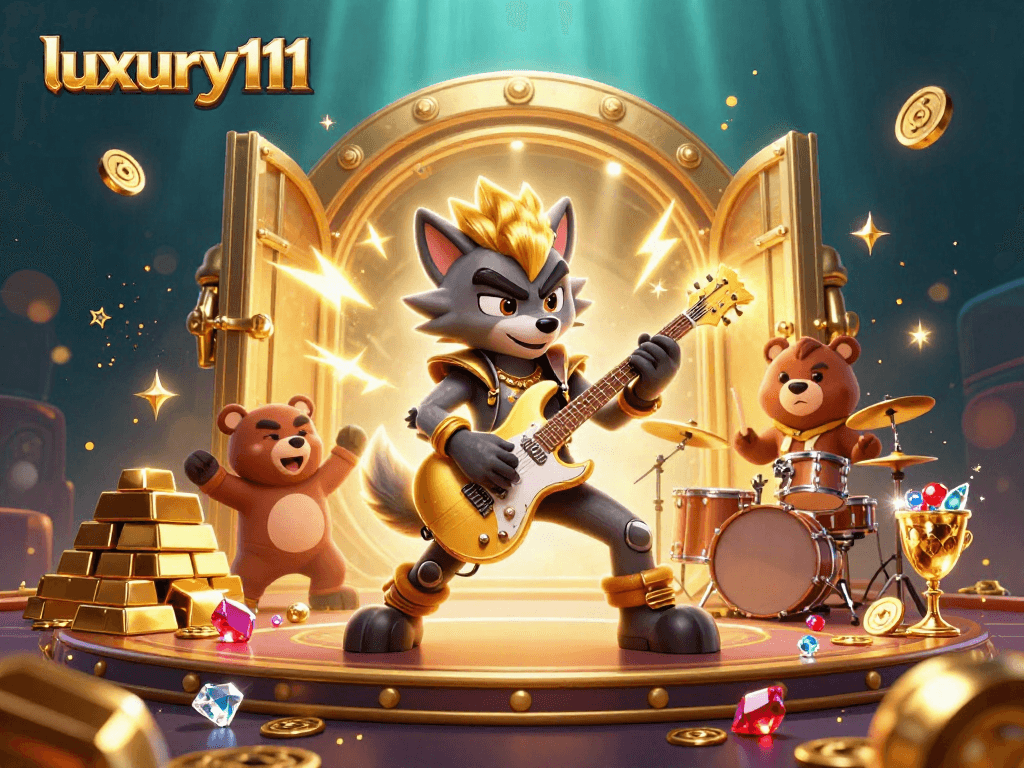 Experience luxury111 casino excitement with a rock star wolf and treasure elements in a vibrant 3D illustration.