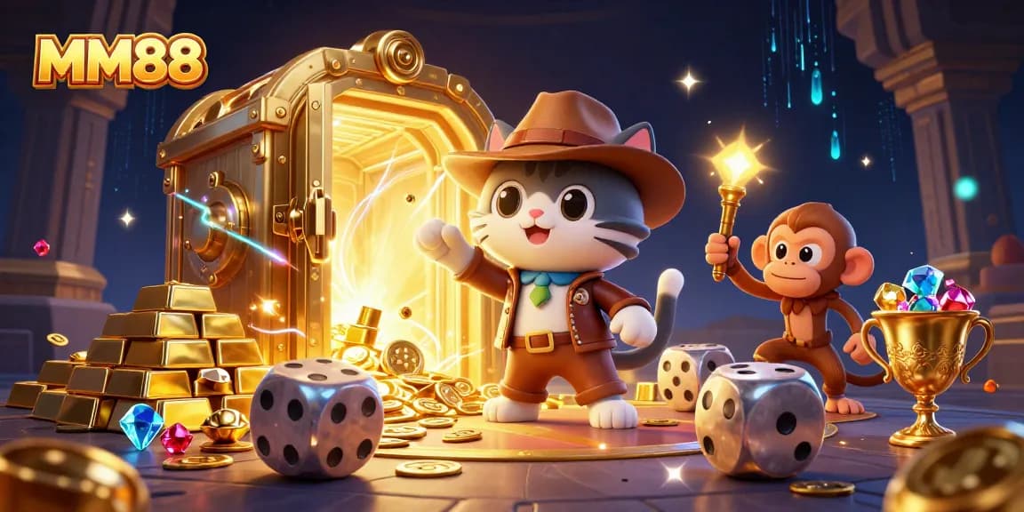 Discover golden treasures at MM88 in this vibrant 3D casino adventure illustration.