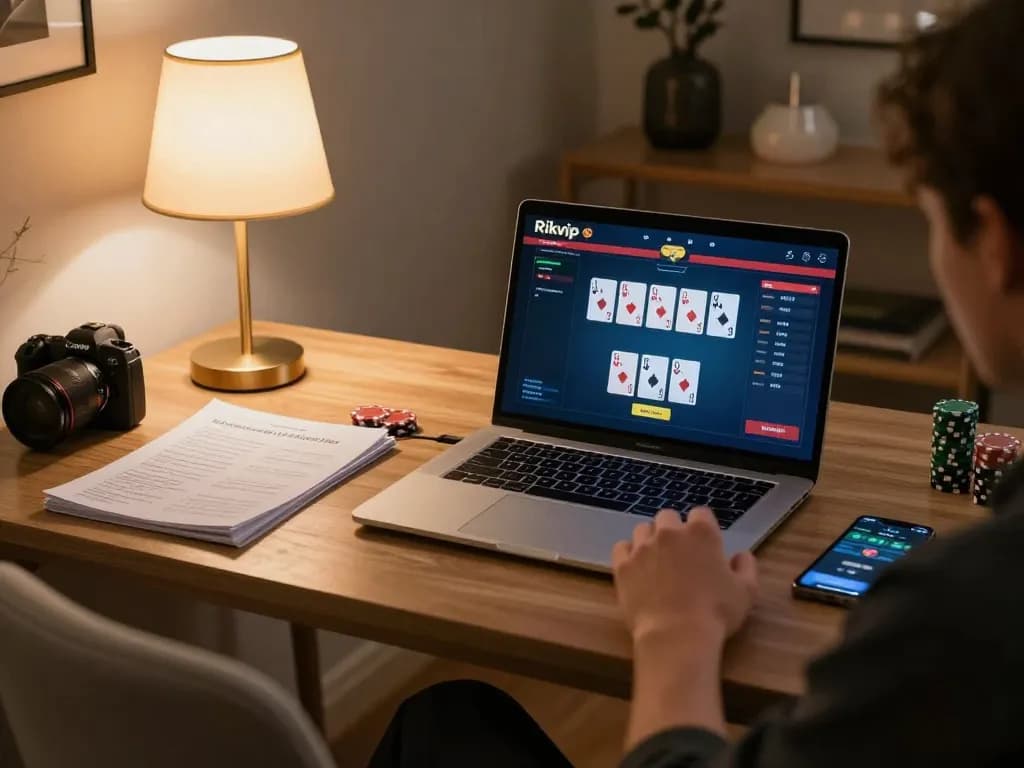 Engaging in a strategic Rikvip poker game at home with organized notes and a laptop.