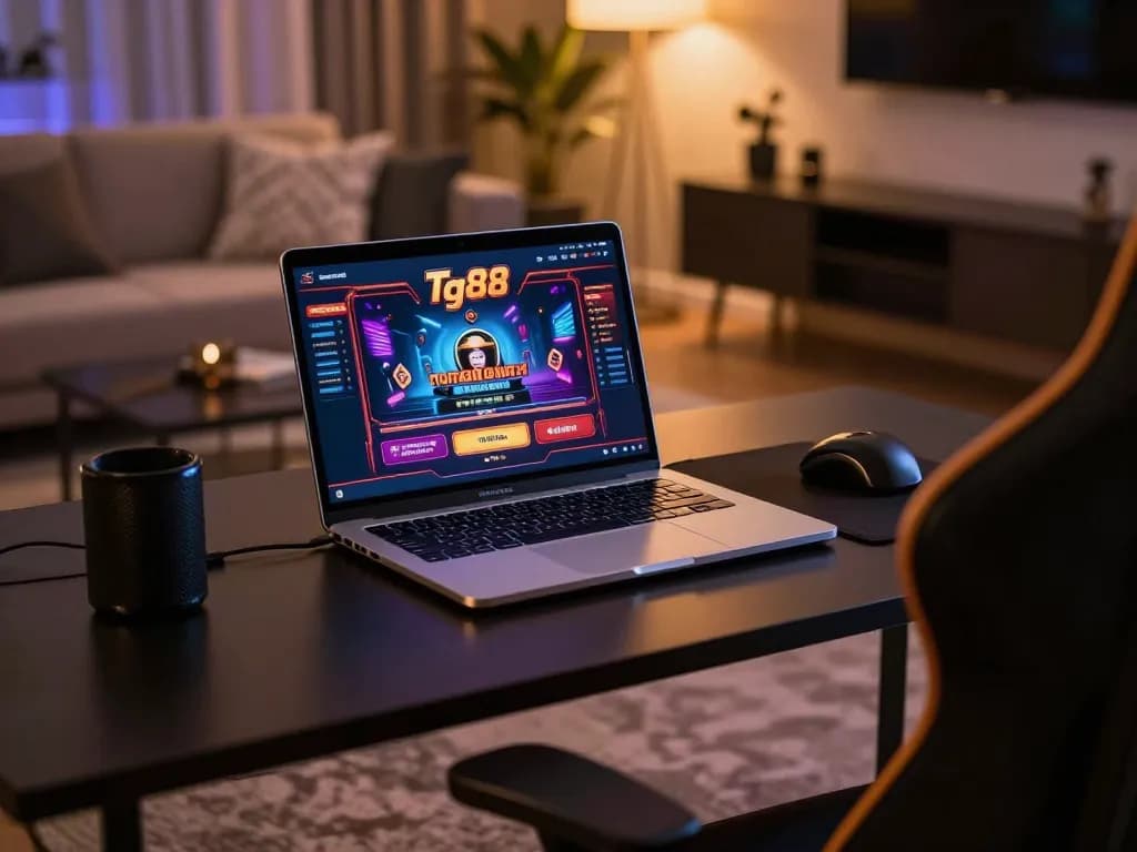 Tg88 online gaming session showcasing sophisticated laptop gameplay and cozy atmosphere
