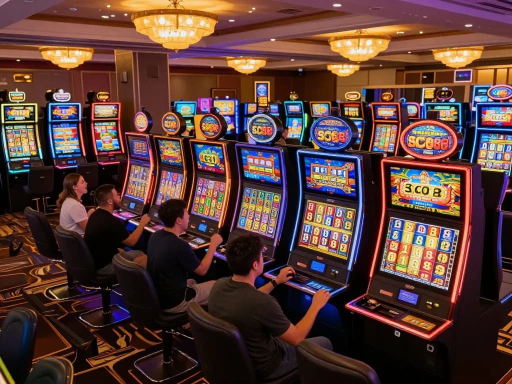 Players celebrating a win while engaging with colorful SC88 slot machines in a lively casino.