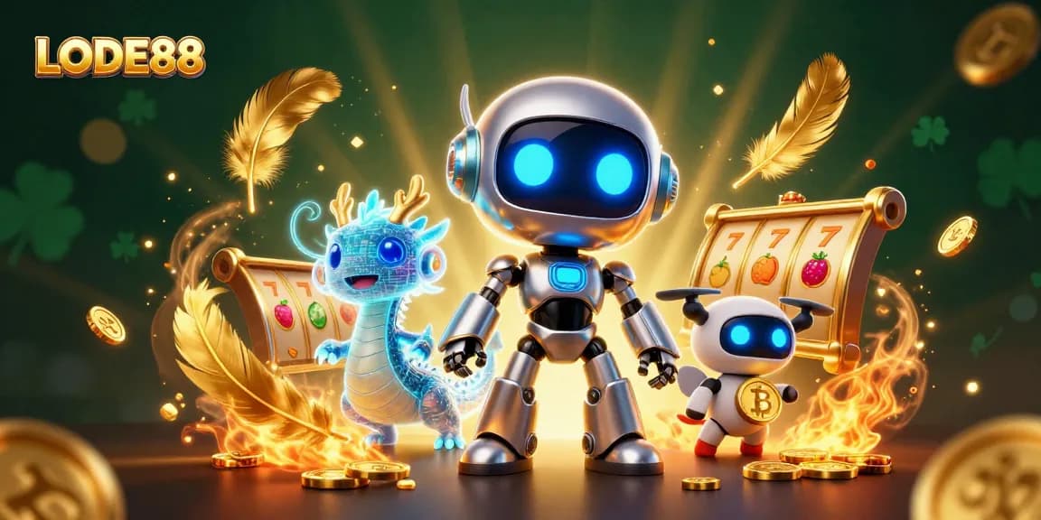 Engage with LODE88's vibrant casino atmosphere showcasing a cyberpunk robot and bitcoin drone amidst dynamic game elements.