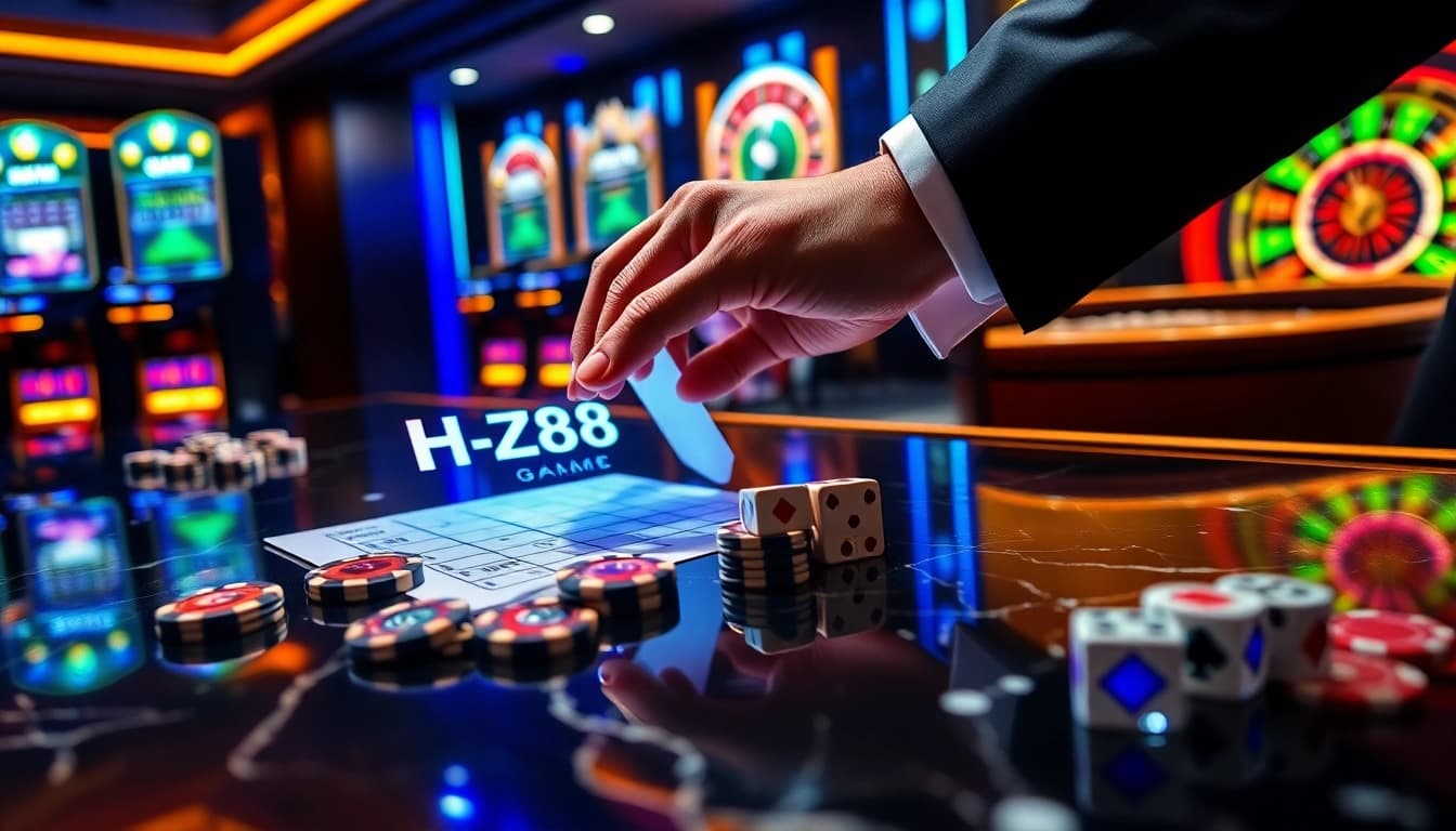 Professional gambler placing strategic bets on hz88 game digital interface with poker chips and live casino action