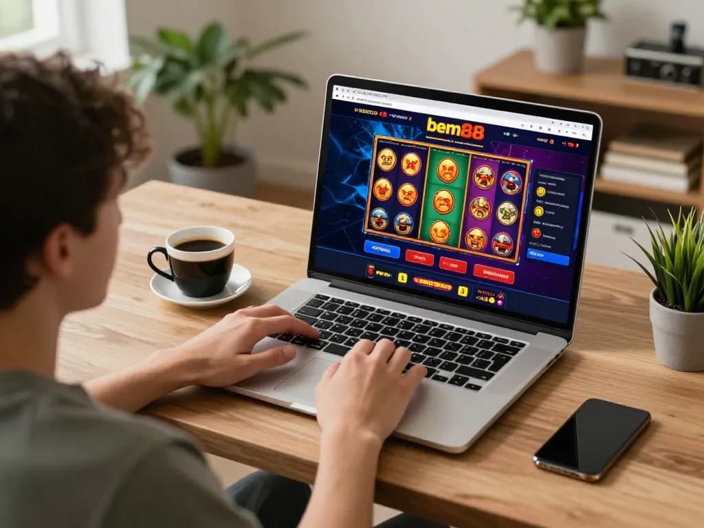 Engaging in casino gameplay on bem88 with a cozy laptop setup showcasing vibrant slot games