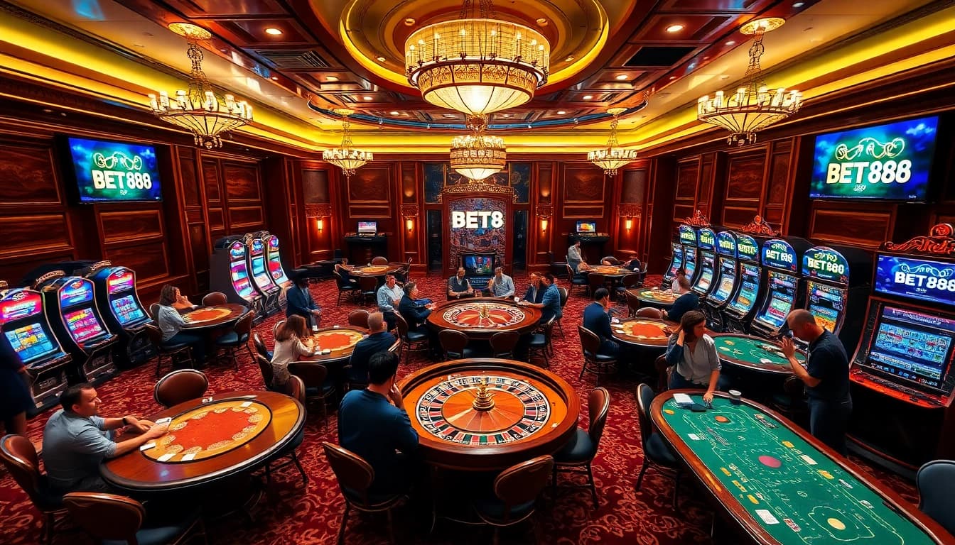 Experience the thrill of gaming at BET88, featuring live poker tables and vibrant slot machines.