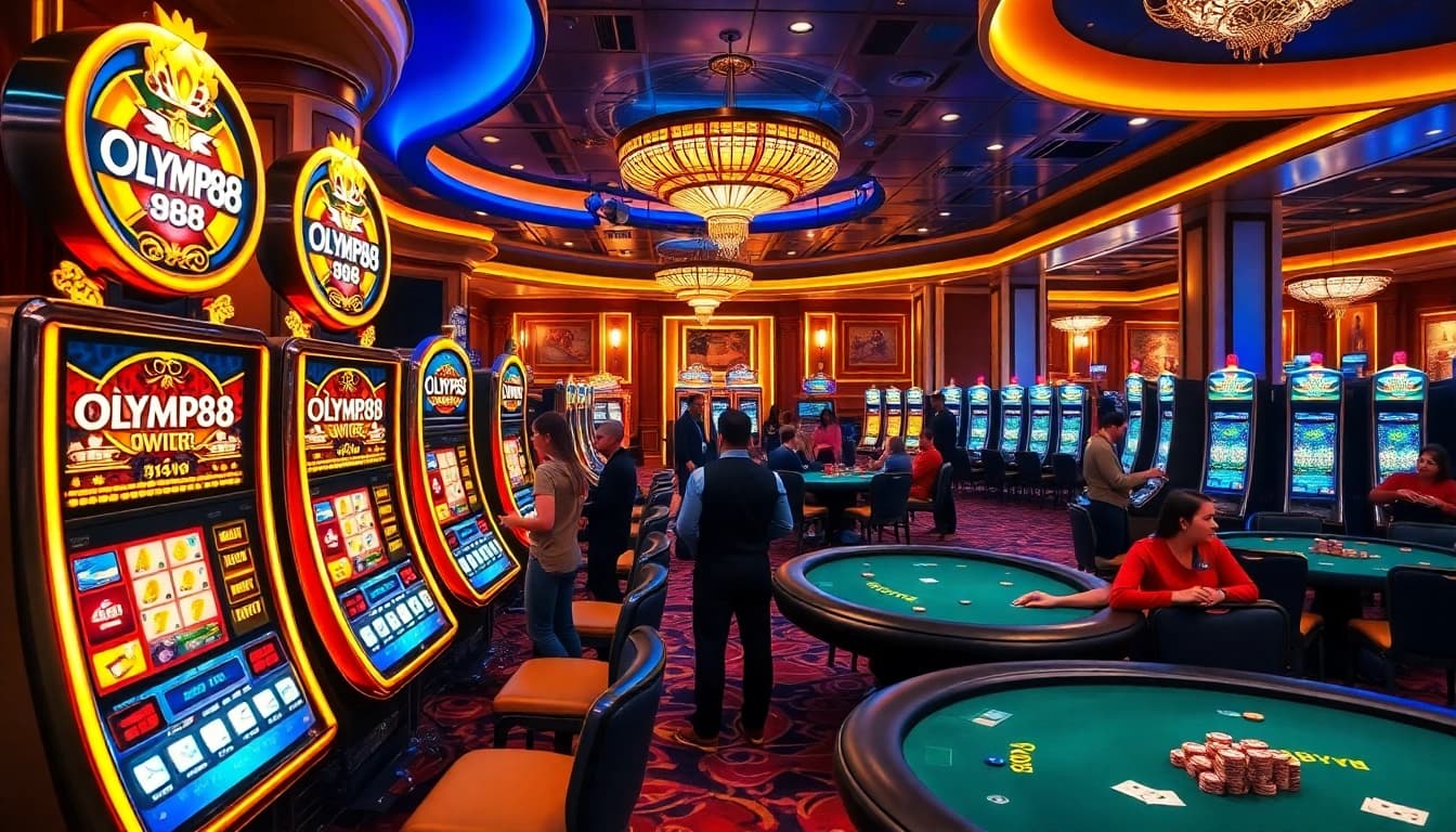 OLYMPUS88 slot machines attracting enthusiastic players in a luxurious casino setting.