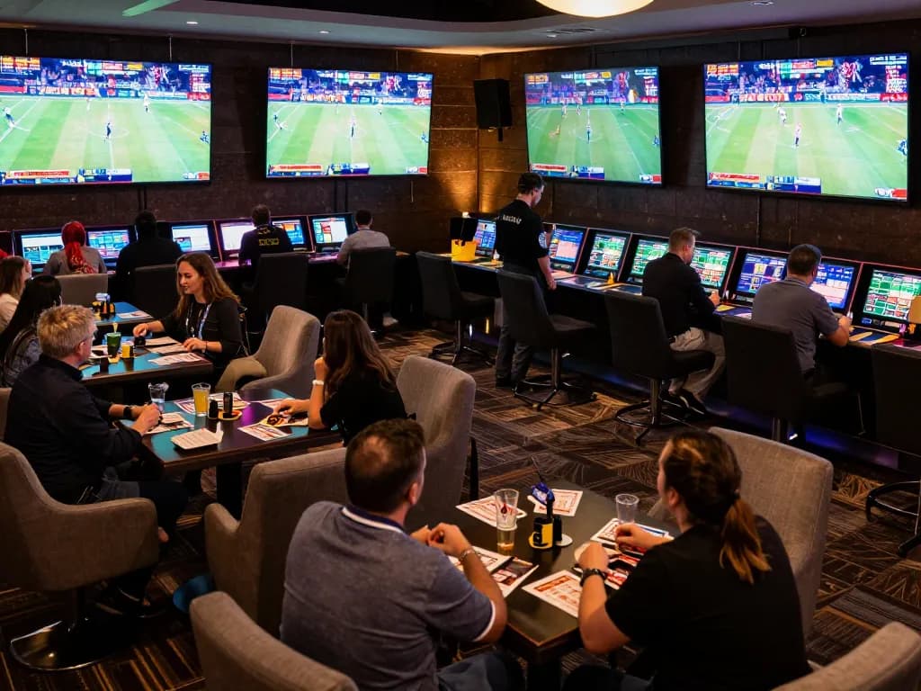 Engaged patrons placing bets in a vibrant sports betting lounge, capturing the excitement found at the website smartcityhostels.