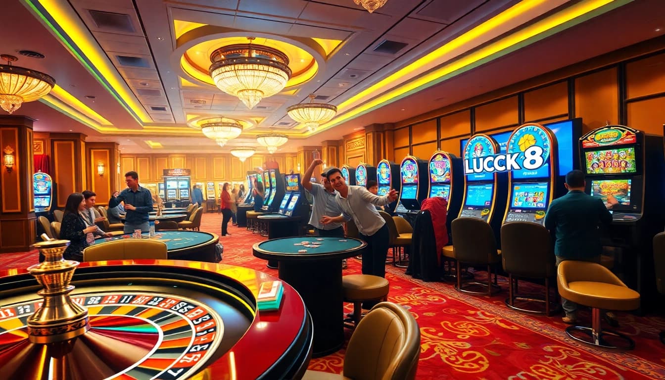 LUCK8 casino scene showcasing players betting on roulette and poker tables.
