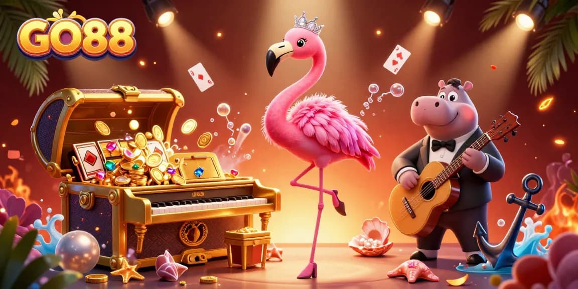 Experience GO88's vibrant casino atmosphere with a lively gaming scene and dynamic characters.