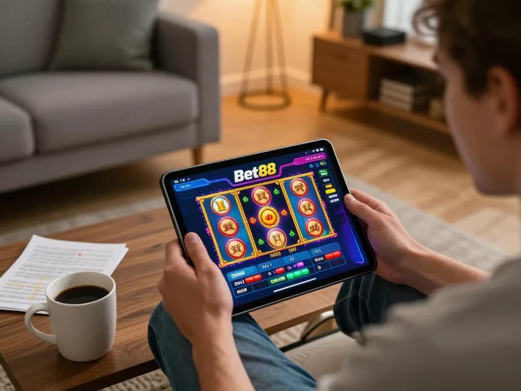 Player enjoying Bet88 casino app on tablet, showcasing vibrant slot games in a cozy home setting.