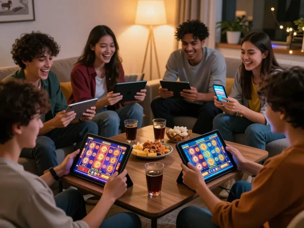 Friends enjoying a gaming night with SpinAdvisor app on tablets, featuring lively online slots.