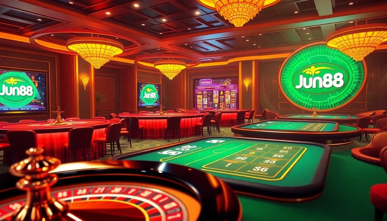 Engage in thrilling games at Jun88's vibrant online casino featuring poker chips and virtual slot machines.