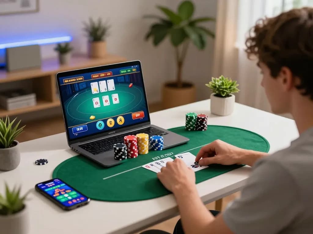 Player engaged in an online poker game on laptop showcasing du88, with colorful chips stacked around.