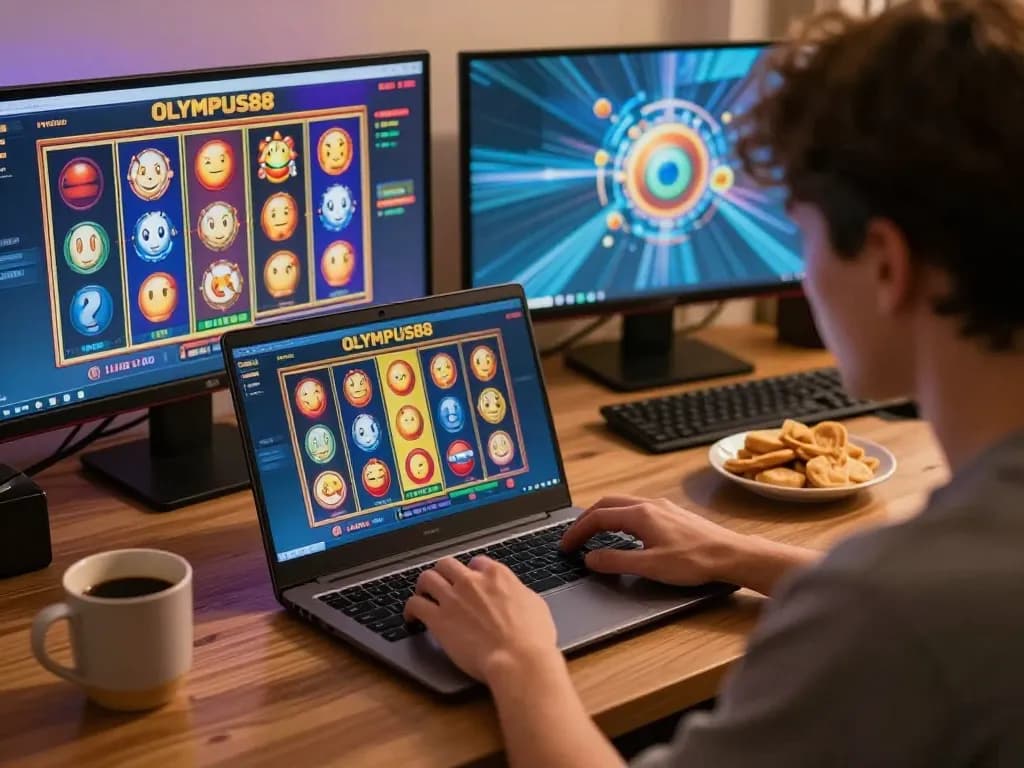 Engaging gameplay on OLYMPUS88 slot game displayed on laptop's screen from cozy home office.