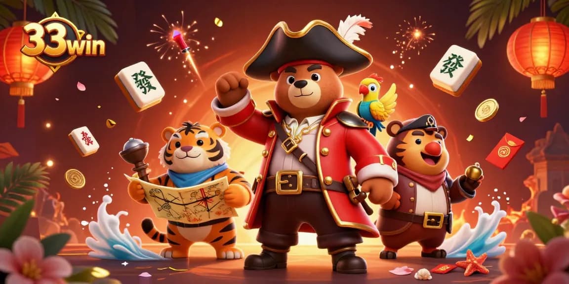 Engage in thrilling gameplay at 33win with our dynamic pirate-themed illustration featuring casino elements.