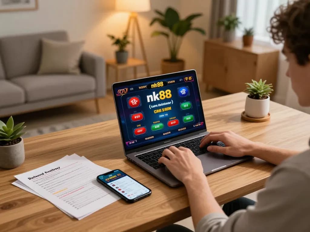 Player engaging with nk88 casino games on laptop, showcasing a strategic gambling lifestyle and personal casino setup.