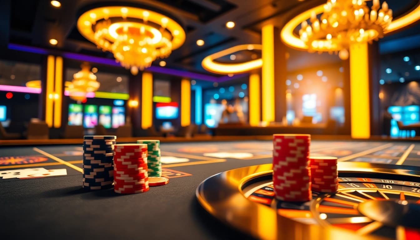 Excited players engaging at the OKWIN poker table in a luxurious casino atmosphere.