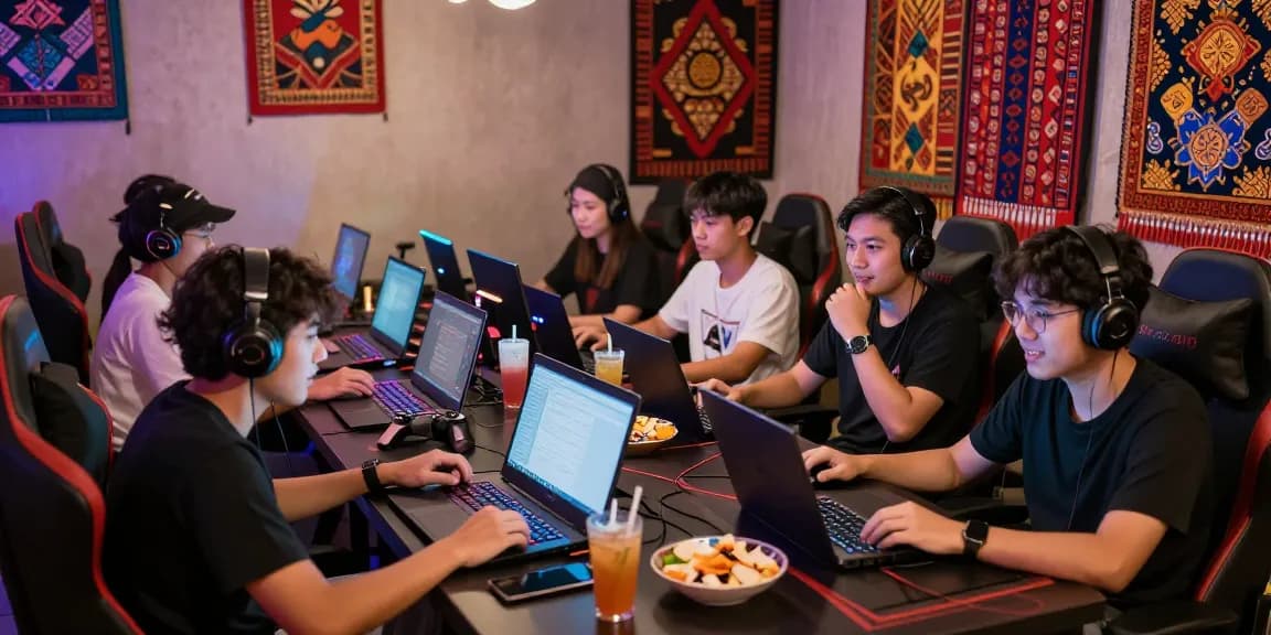 Group of friends gaming in vibrant lounge using ทางเข้าfun88 ล่าสุด ไม่โดนบล็อก for exciting online play.