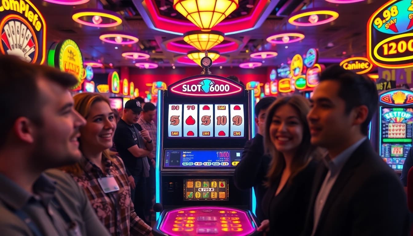 Menangkan jackpot di SLOT6000 dengan kegembiraan pemain yang meramaikan kasino.