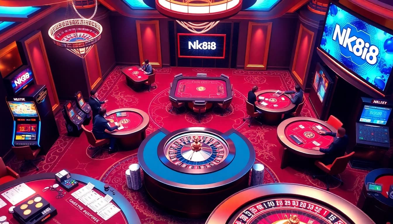 NK88 casino players enjoying thrilling live games at a luxurious gaming table.