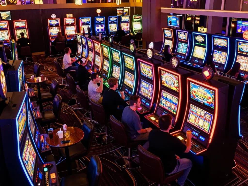open88 players celebrating a win at colorful slot machines in vibrant casino atmosphere