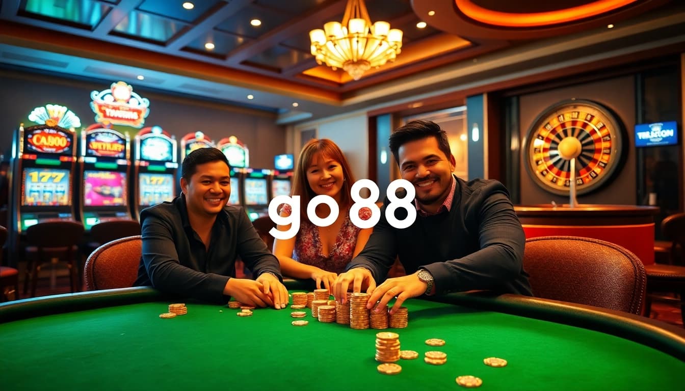 Engage in a thrilling poker game at a luxurious casino with go88-themed decor.