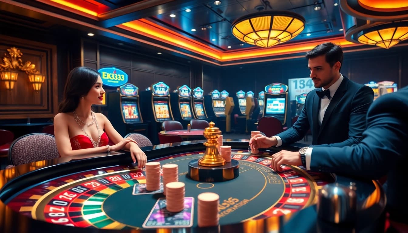 Players enjoying a high-stakes poker game at EK333's luxurious online casino.