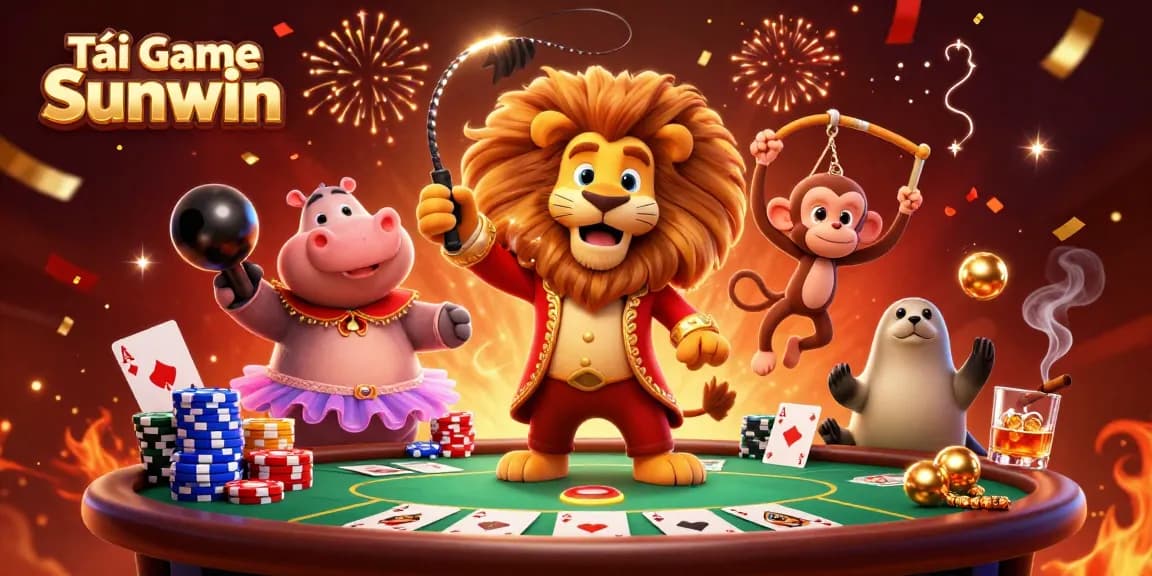 Play Tải game Sunwin with exciting 3D circus characters around poker elements and vibrant decorations.