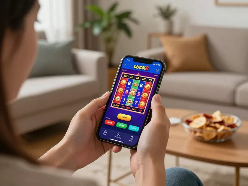 Người chơi tương tác với ứng dụng LUCK8 trên điện thoại thông minh trình bày trò chơi slot đầy màu sắc cho trải nghiệm trực tuyến hồi hộp.