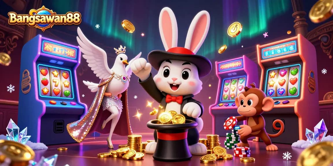 Engage with bangsawan88 as a rabbit magician conjures coins and poker chips in a vibrant casino scene.