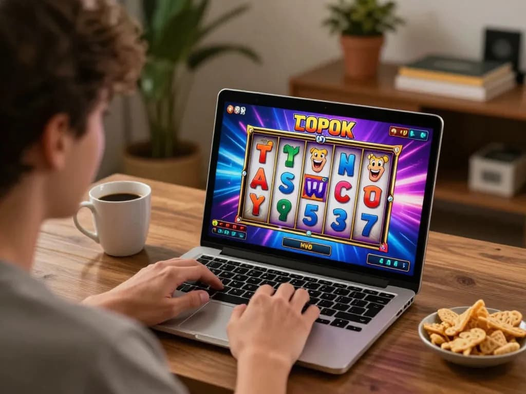 Pemain merayakan putaran kemenangan pada permainan slot online di lingkungan rumah yang nyaman