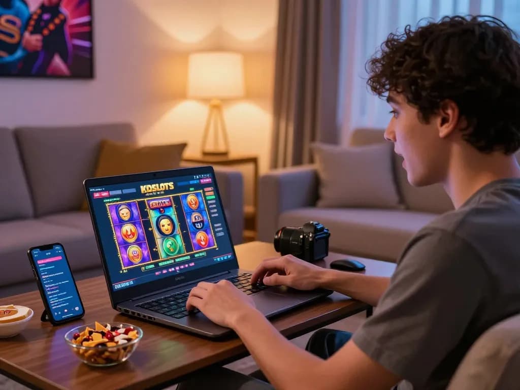 Engaged player using KDSLOT online gaming platform in a cozy living room.