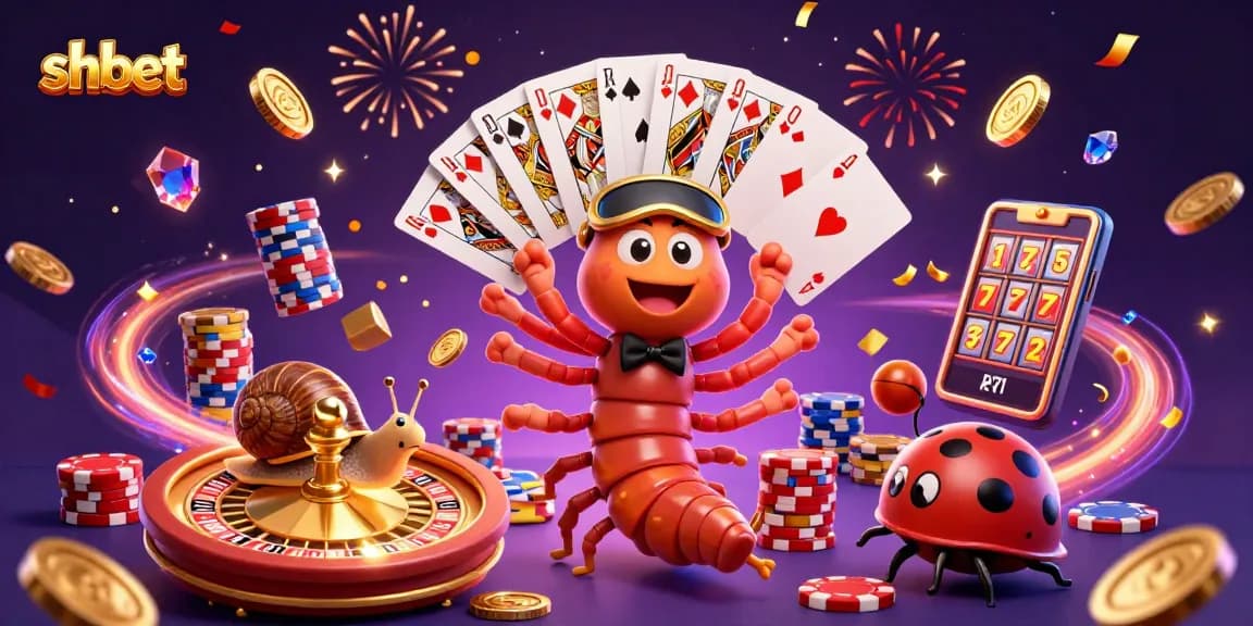 shbet's dynamic casino experience with a cartoon dealer and a snail high-roller amidst colorful games.