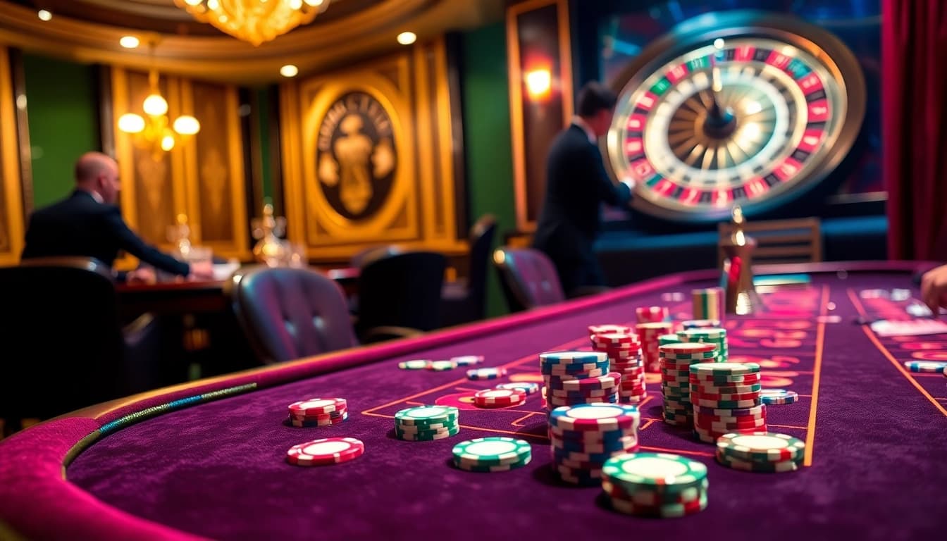 SODO CASINO players enjoying an exciting poker game with vibrant chips and roulette wheel.