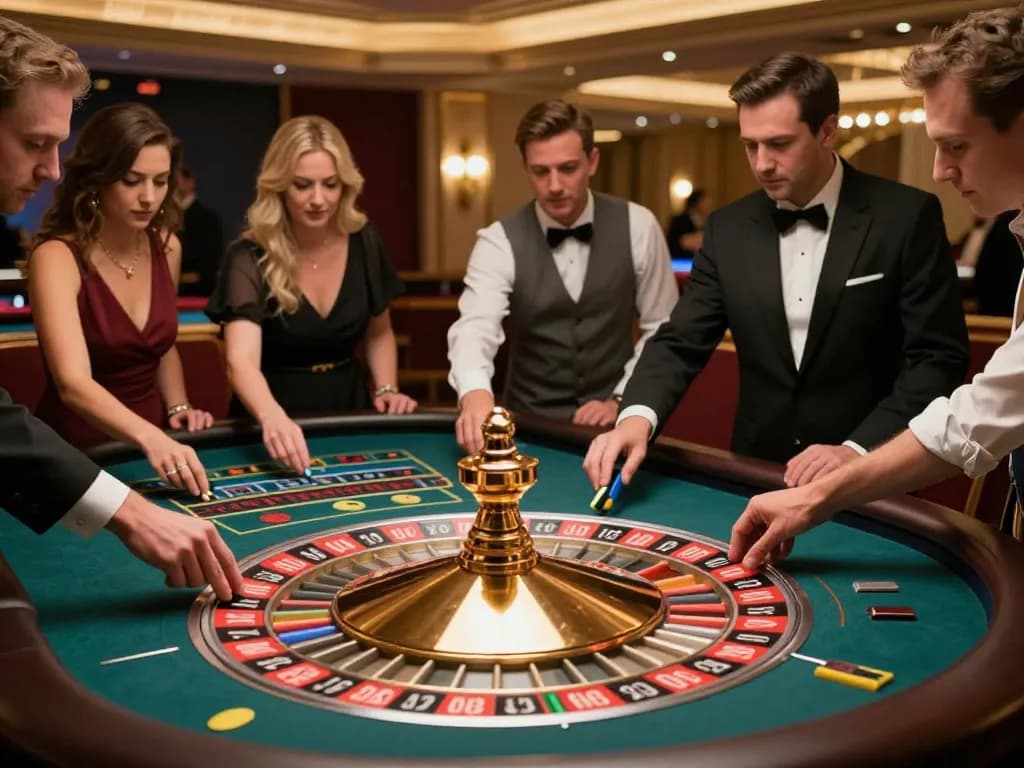 Experience dynamic roulette gameplay at okwin in an elegant casino setting with players engaged and bets placed.