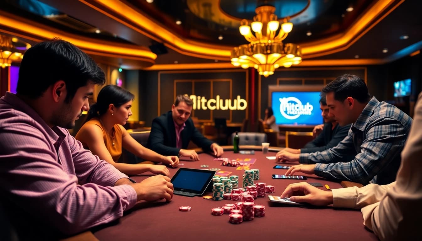 Hitclub poker players at a vibrant table showcasing high-stakes excitement and digital gaming elements.