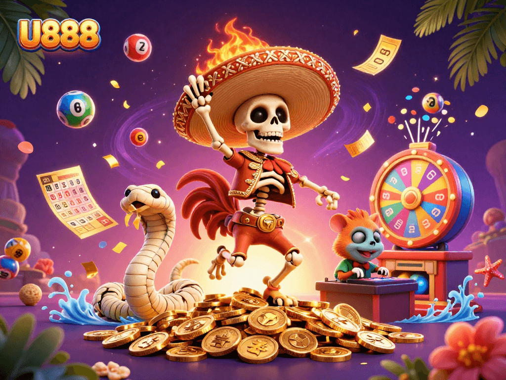 Engage with U888's exciting prizes in a vibrant, dynamic casino scene featuring lively characters and elements.