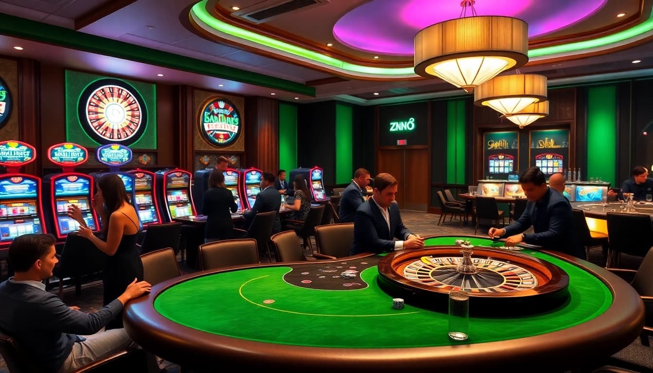 Exciting gambling scene in SODO with poker players at a luxury table and roulette wheel.