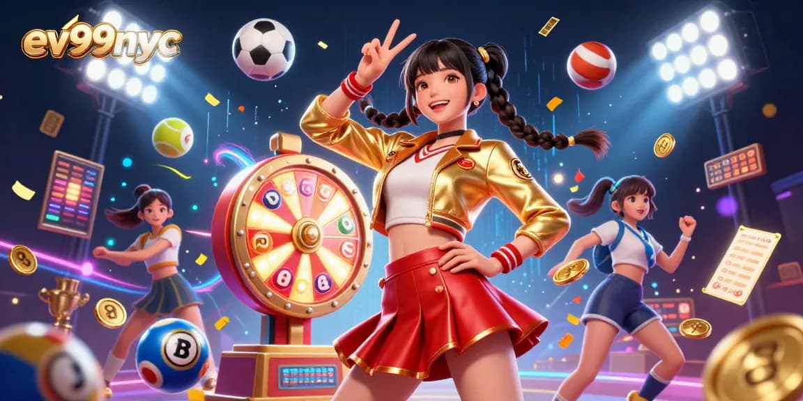 Win with ev99nyc in a vibrant casino scene featuring sports balls and a dynamic prize wheel.