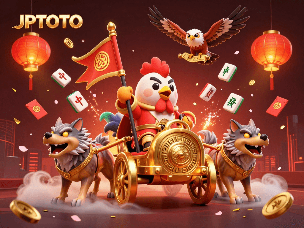 Experience the thrill of JPTOTO with a vibrant 3D illustration showcasing a rooster warlord and Mahjong elements.