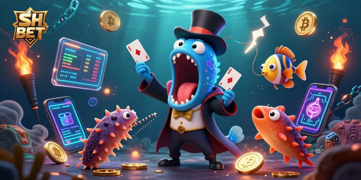 Engage in thrilling SH BET online gaming with vibrant underwater casino characters showcasing spectacular magic tricks.