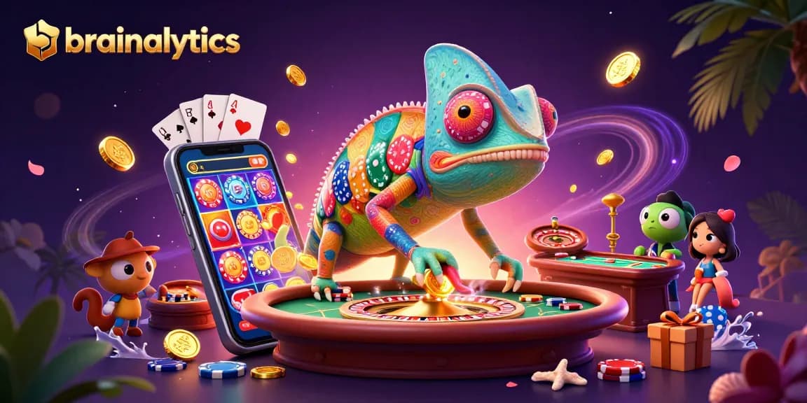 Spin to win with brainalytics at this vibrant casino scene featuring a clever chameleon boss.