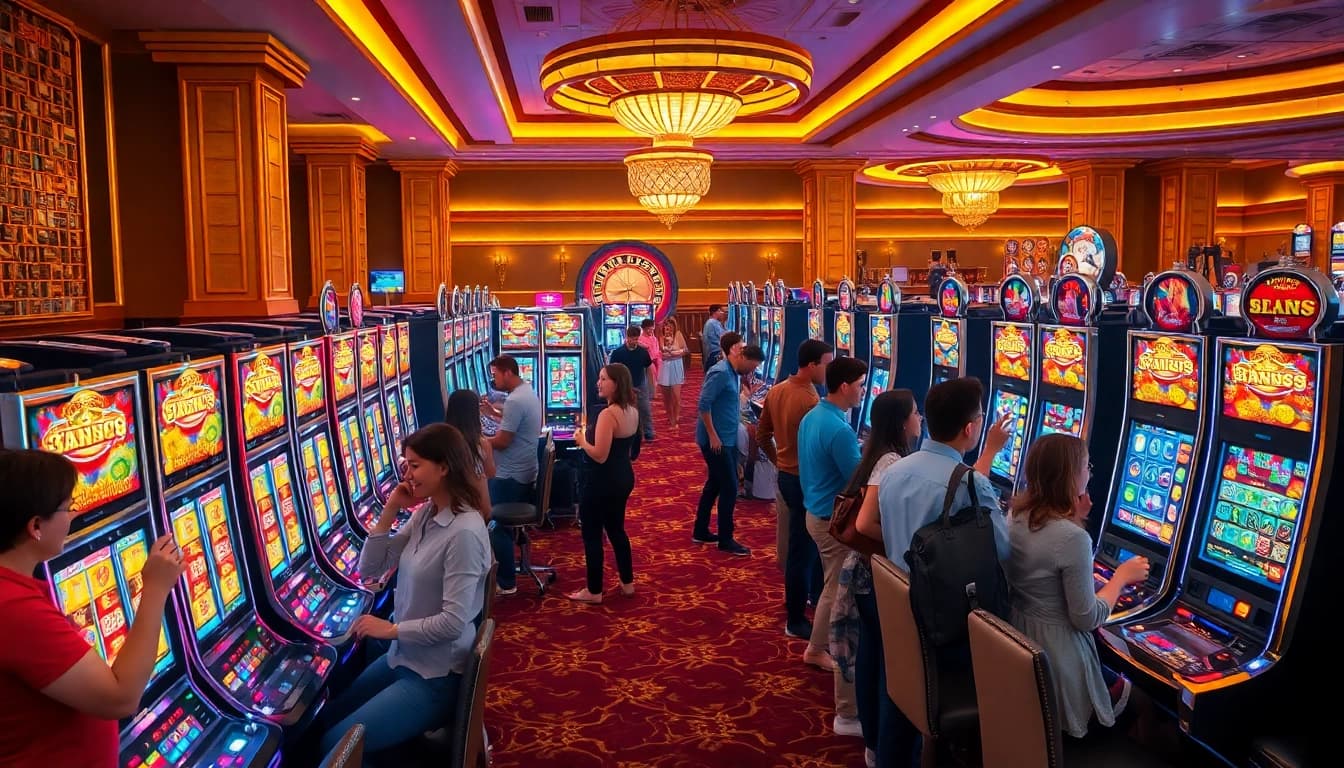 Pemain judi yang terlibat merayakan kemenangan di mesin slot yang berwarna-warni dalam suasana kasino yang mewah.