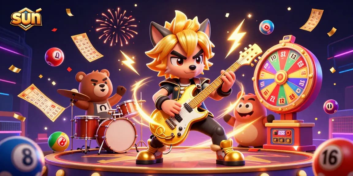 Engage in sun-themed casino action with a rock star wolf and vibrant lottery elements.