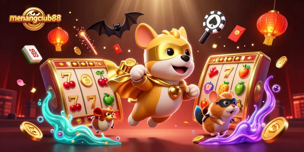 Experience thrilling wins with menangclub88's cartoon hero and lavish casino elements.